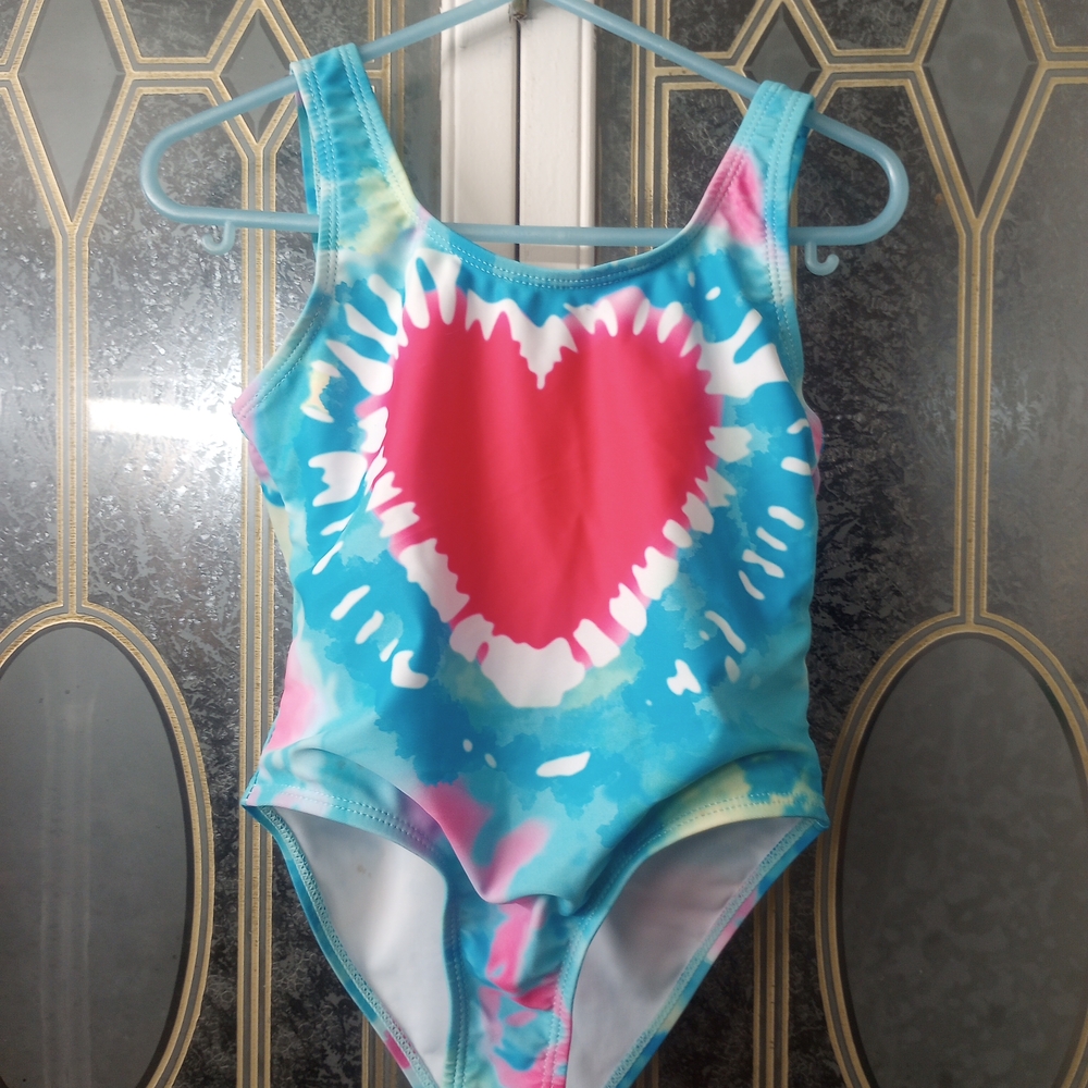 Wonder Nation Kids Swim One Piece - Blue and Pink Heart Tie-dye Design